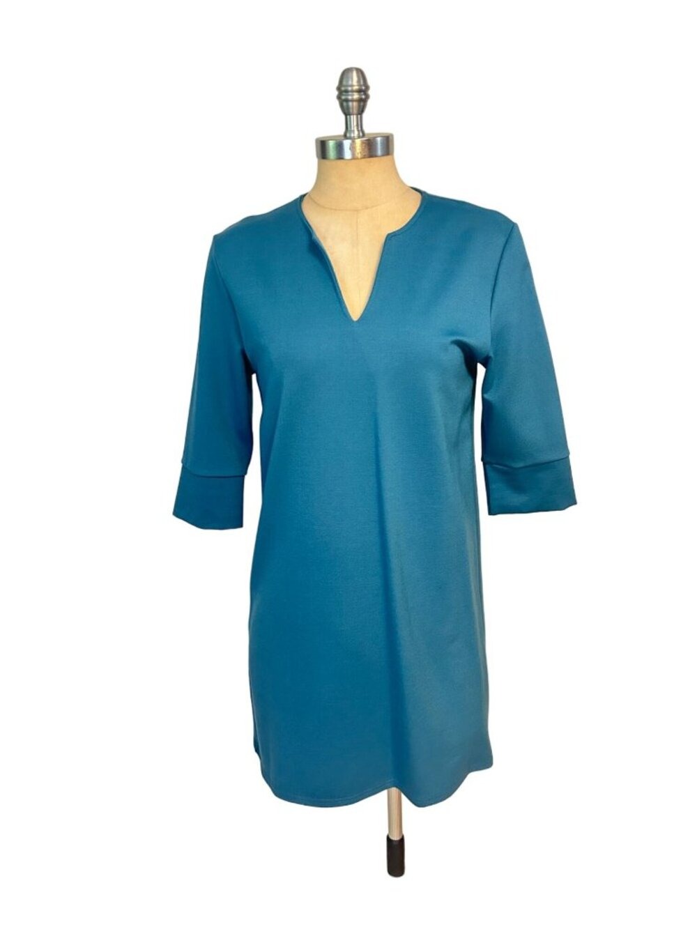 Paloma St. James Teal Blue V-Neck Dress 3/4 Sleeve Shift Style Small